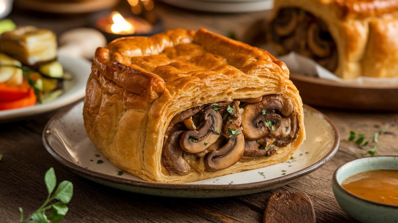 A golden Vegan Mushroom Wellington with mushroom filling, served with roasted vegetables and vegan gravy on a rustic table.