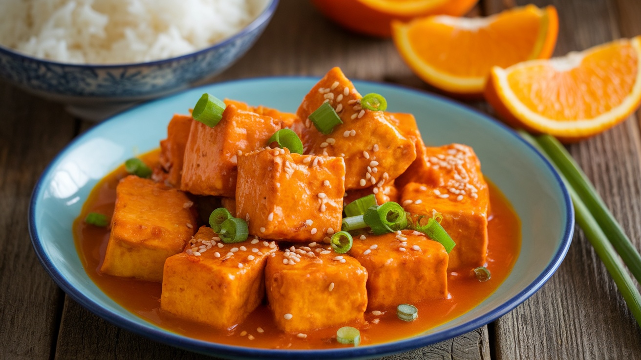 Plate of crispy Vegan Orange Tofu in orange sauce with sesame seeds and green onions, served with rice and fresh orange slices.