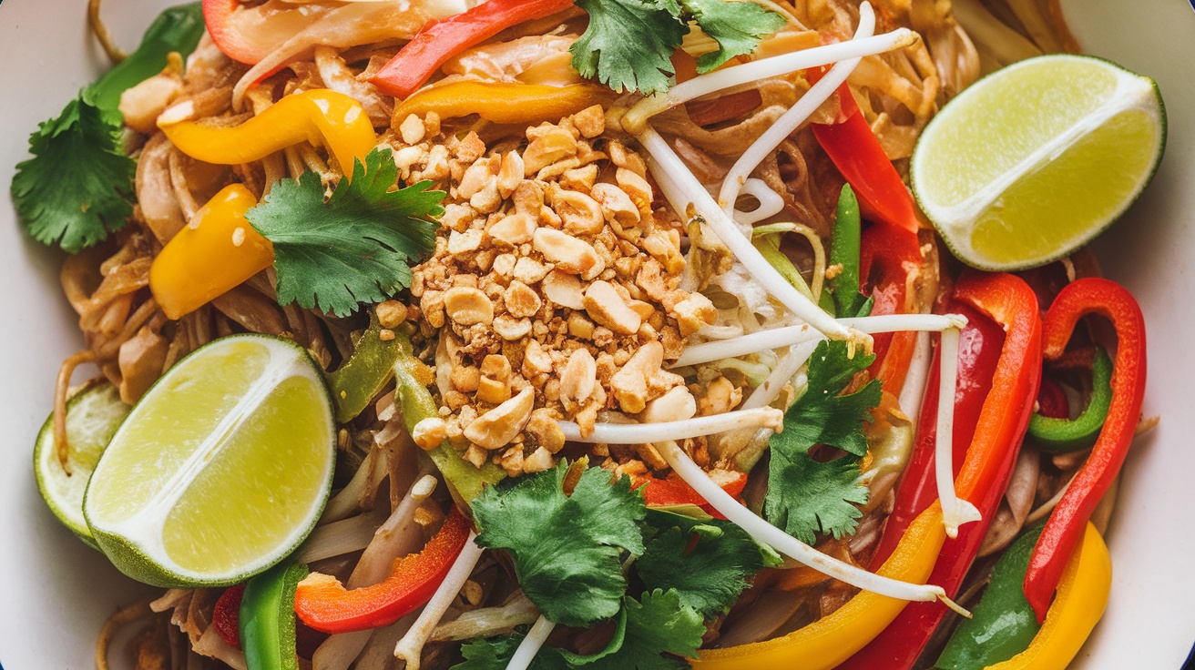 Vegan Pad Thai with rice noodles, bell peppers, bean sprouts, crushed peanuts, and lime on a white plate, garnished with cilantro.