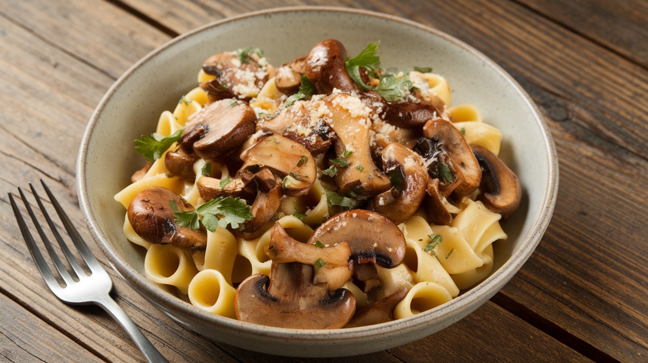 A delicious bowl of Vegan Wild Mushroom Pasta, garnished with parsley and vegan parmesan on a rustic wooden table.