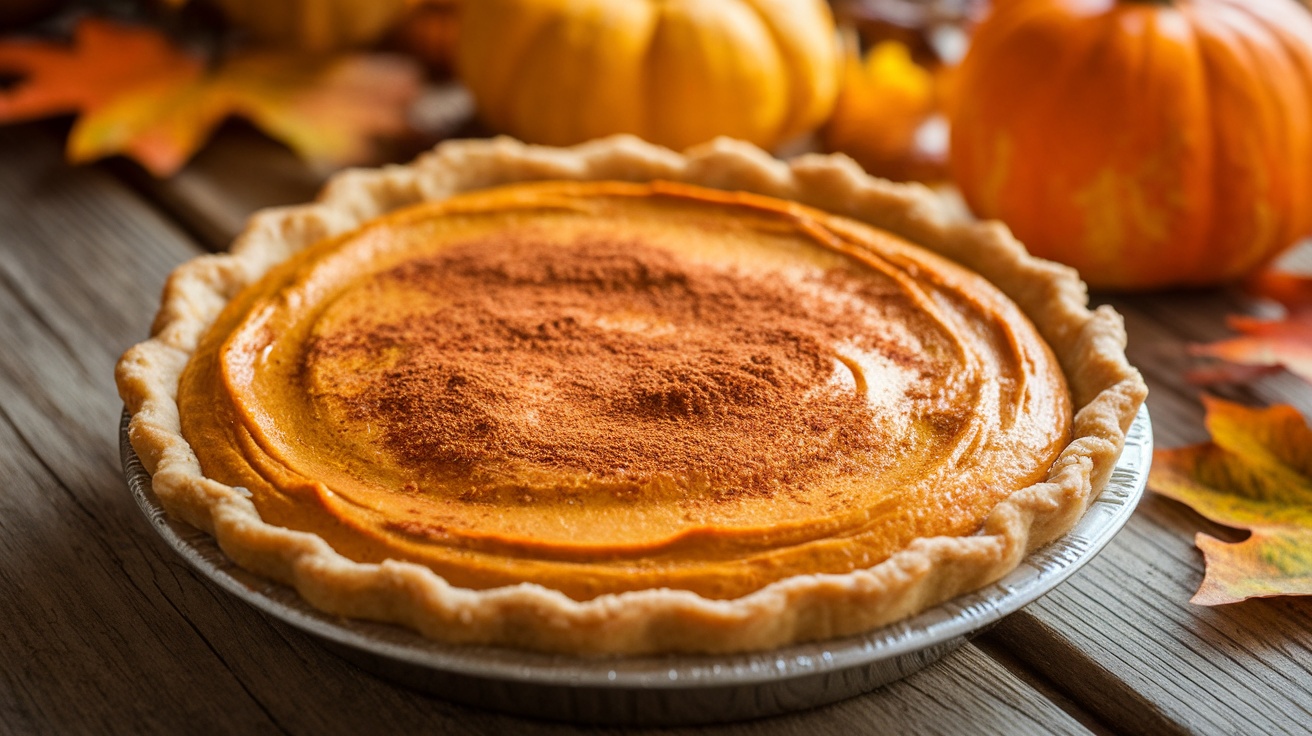 A vegan pumpkin pie on a wooden table with fall decorations, showcasing its golden crust and spiced filling.