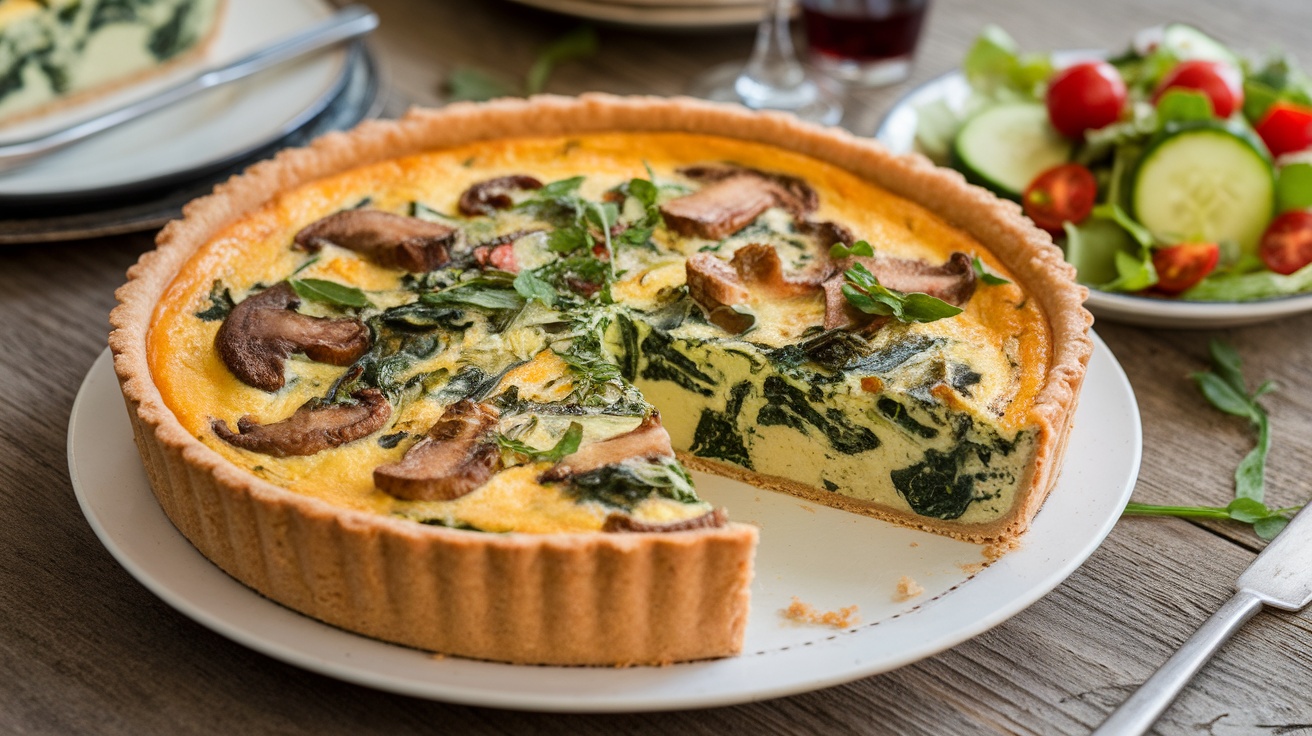 Savory vegan quiche with spinach and mushrooms on a table, garnished with herbs.