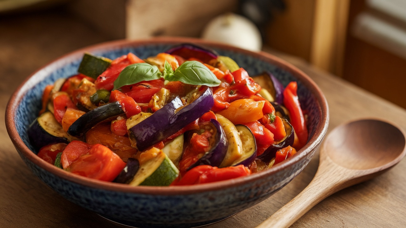 A vibrant bowl of vegan ratatouille with eggplant, zucchini, bell peppers, and tomatoes, garnished with basil.