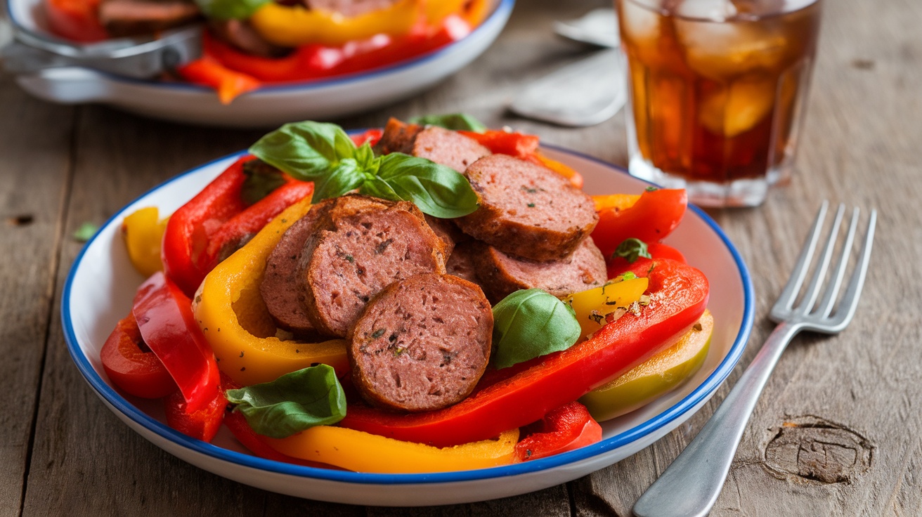 A colorful dish of sautéed vegan sausage and peppers garnished with fresh basil on a rustic table.