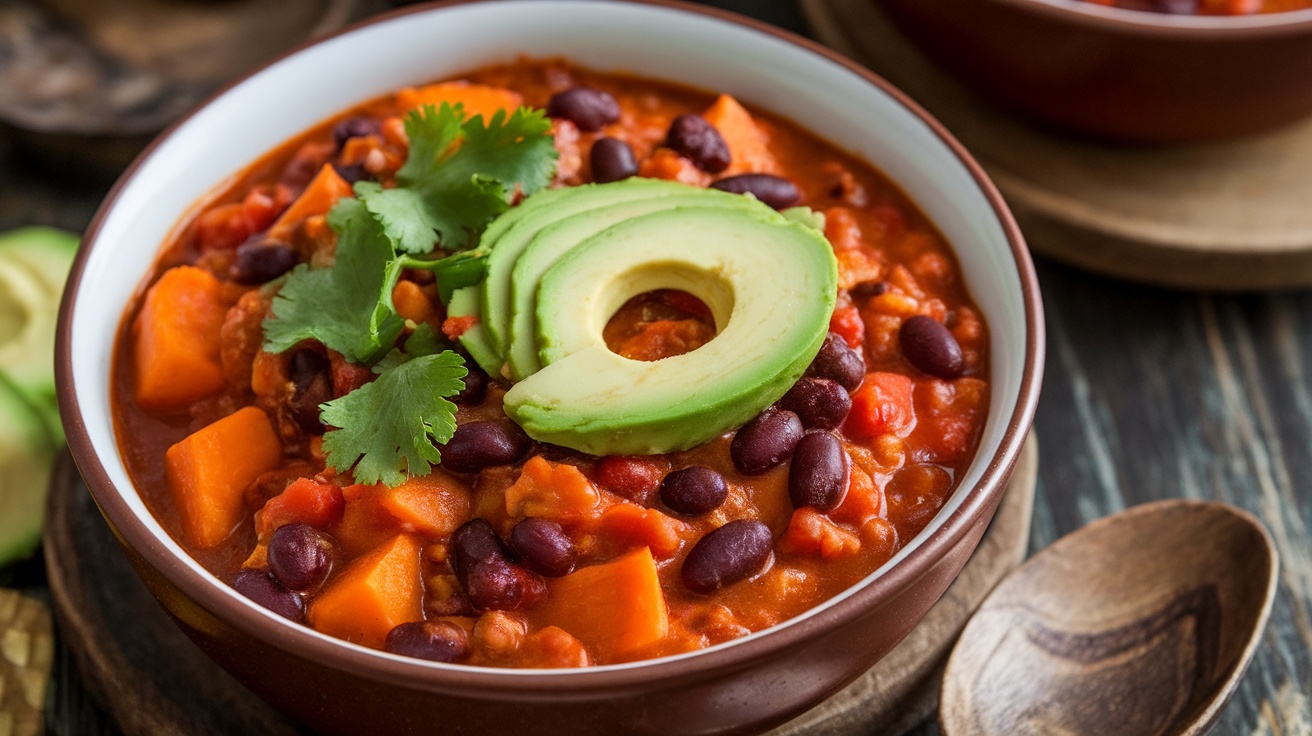 A bowl of hearty Vegan Sweet Potato Chili with sweet potatoes, black beans, and topped with cilantro and avocado slices.