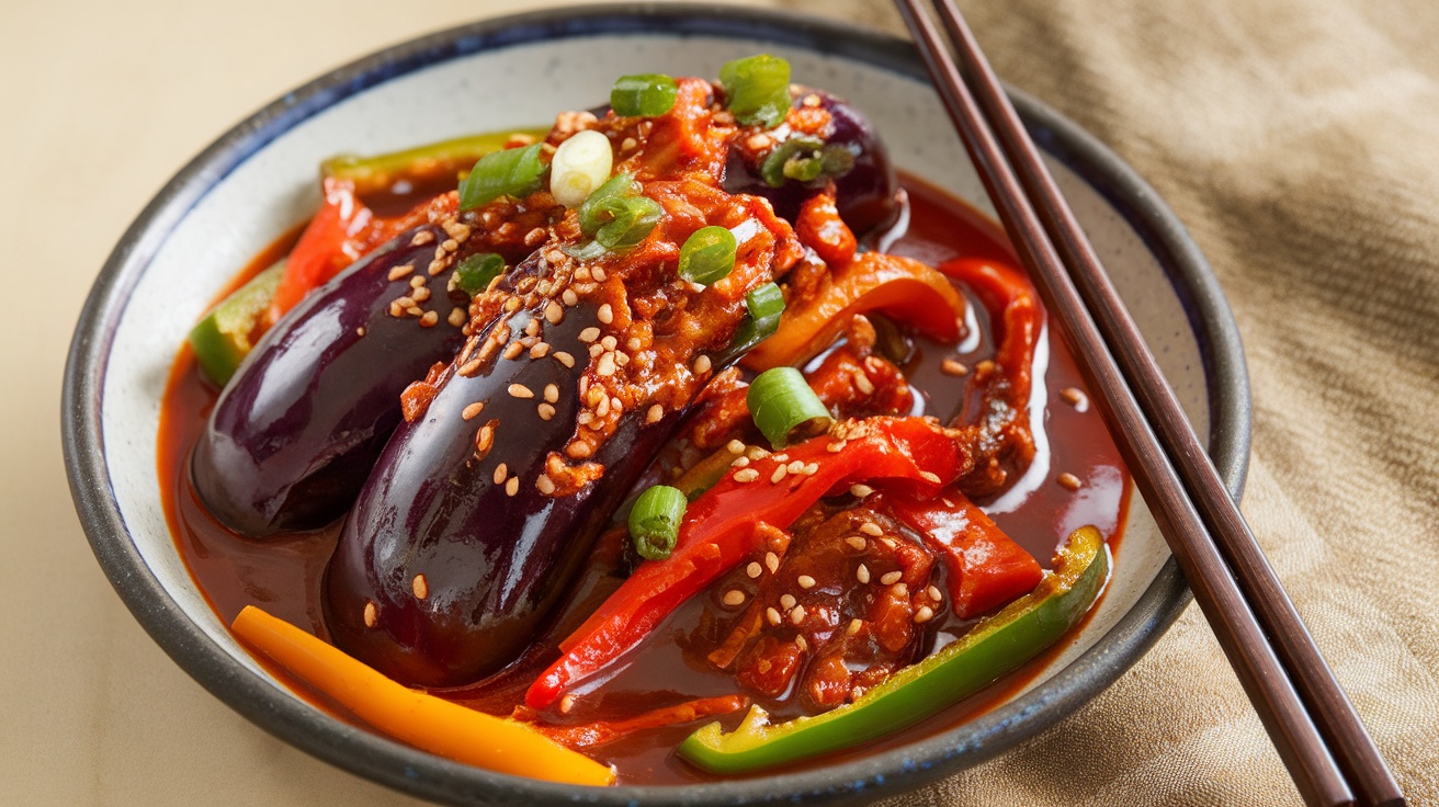 A colorful serving of spicy Szechuan eggplant with vegetables, garnished with green onions and sesame seeds.