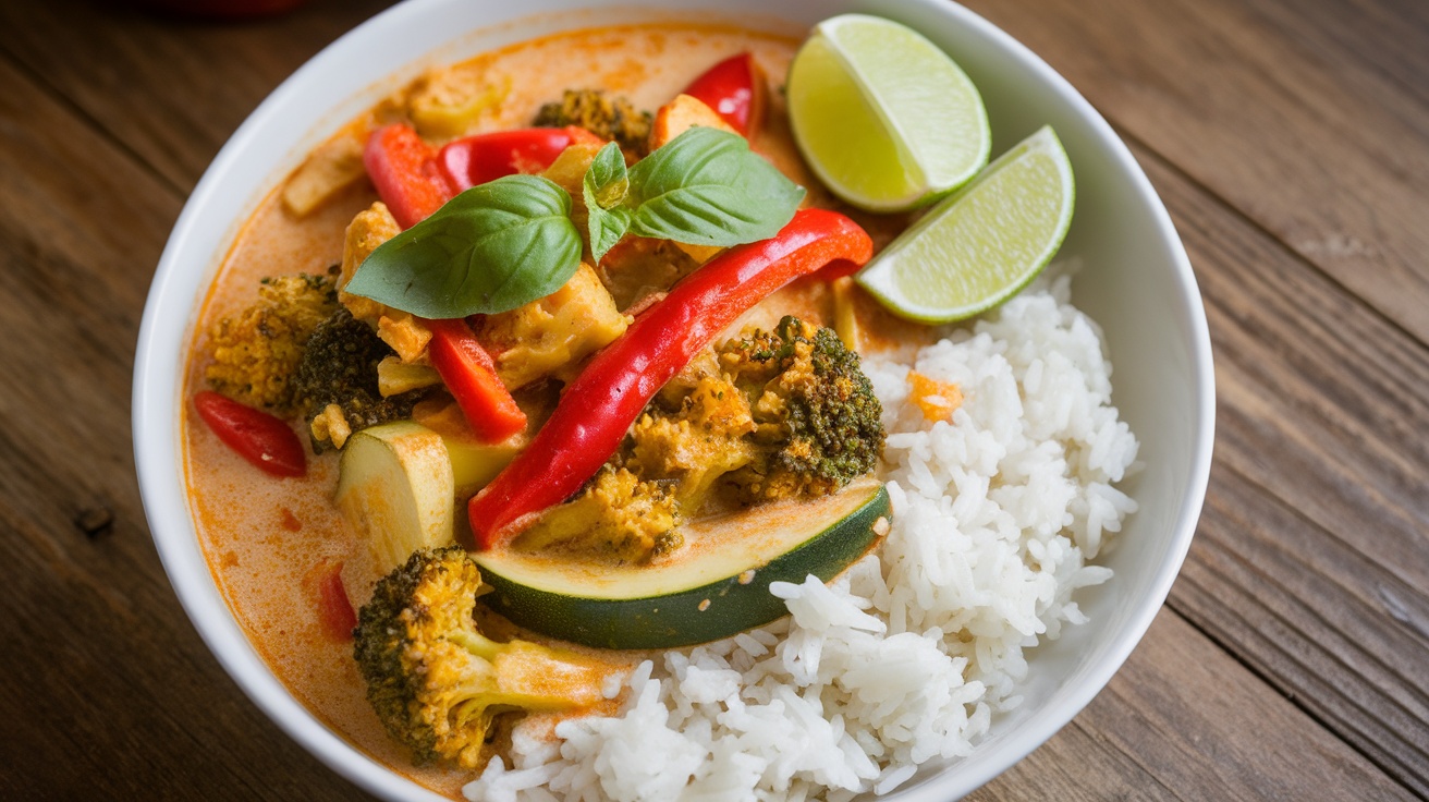 A bowl of Vegan Thai Red Curry with colorful vegetables and rice, garnished with basil and lime.