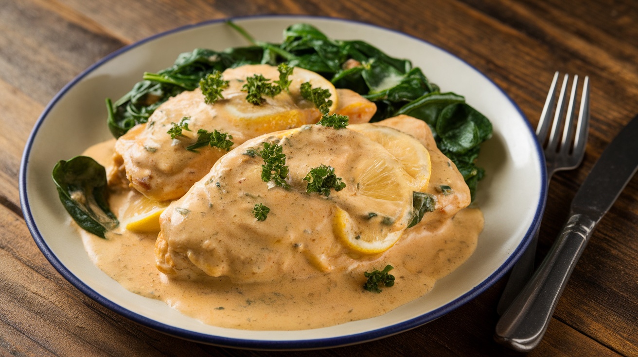 Creamy Lemon Chicken with Spinach on a plate, garnished with parsley, served with fresh spinach.