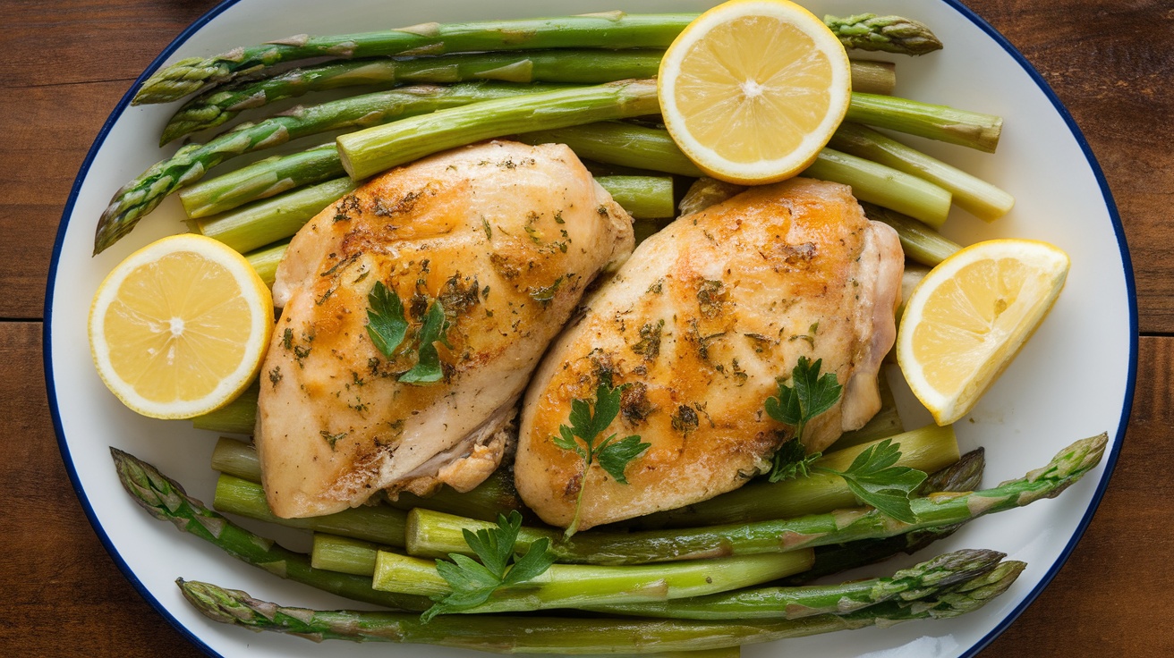 Baked lemon garlic chicken with roasted asparagus, garnished with lemon slices and parsley on a rustic table.