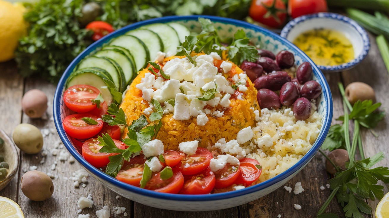 A vibrant Mediterranean Cauliflower Rice Bowl with cherry tomatoes, cucumbers, olives, and feta cheese, garnished with parsley, on a rustic table.