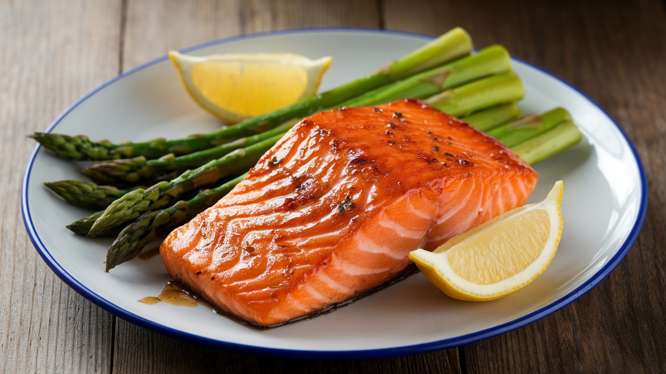 Honey mustard glazed salmon with steamed asparagus and lemon wedges on a rustic wooden table.