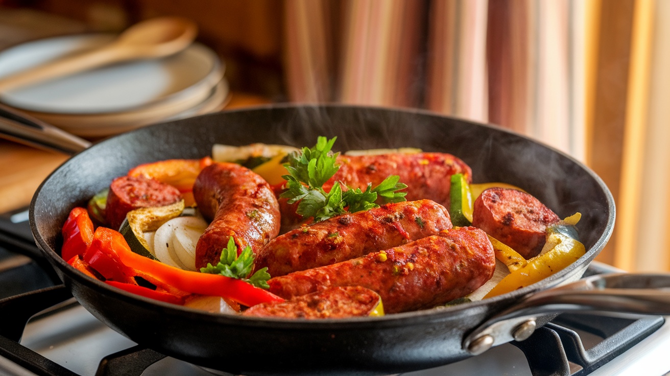 A hearty spicy sausage and vegetable skillet with colorful peppers and zucchini, garnished with parsley.