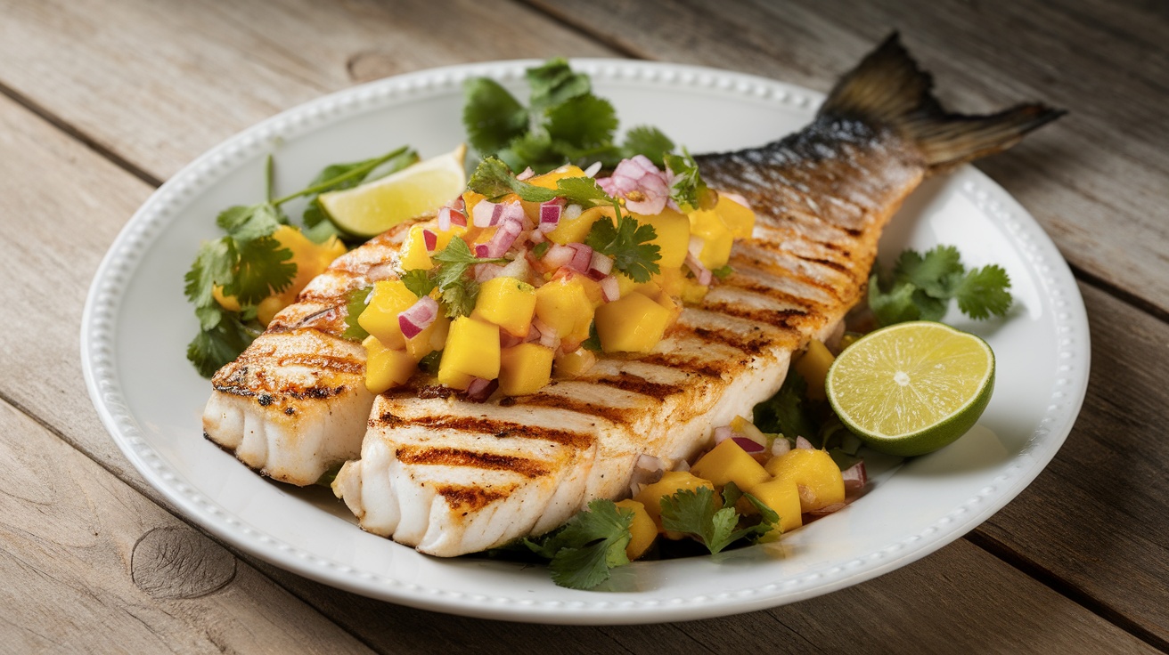 Grilled Mahi Mahi with mango salsa on a white plate with lime wedges on a wooden table.