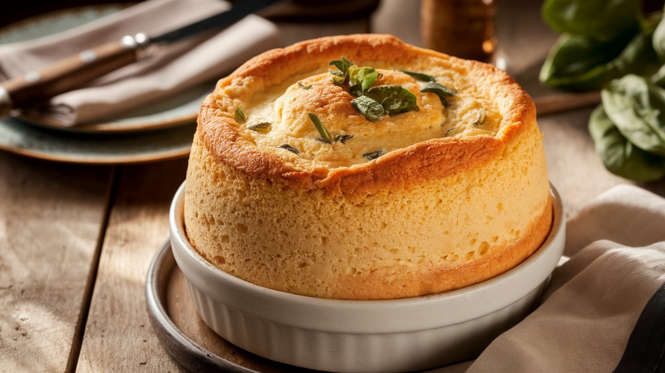 A golden brown spinach and cheese soufflé in a white dish, garnished with herbs, on a rustic wooden table.