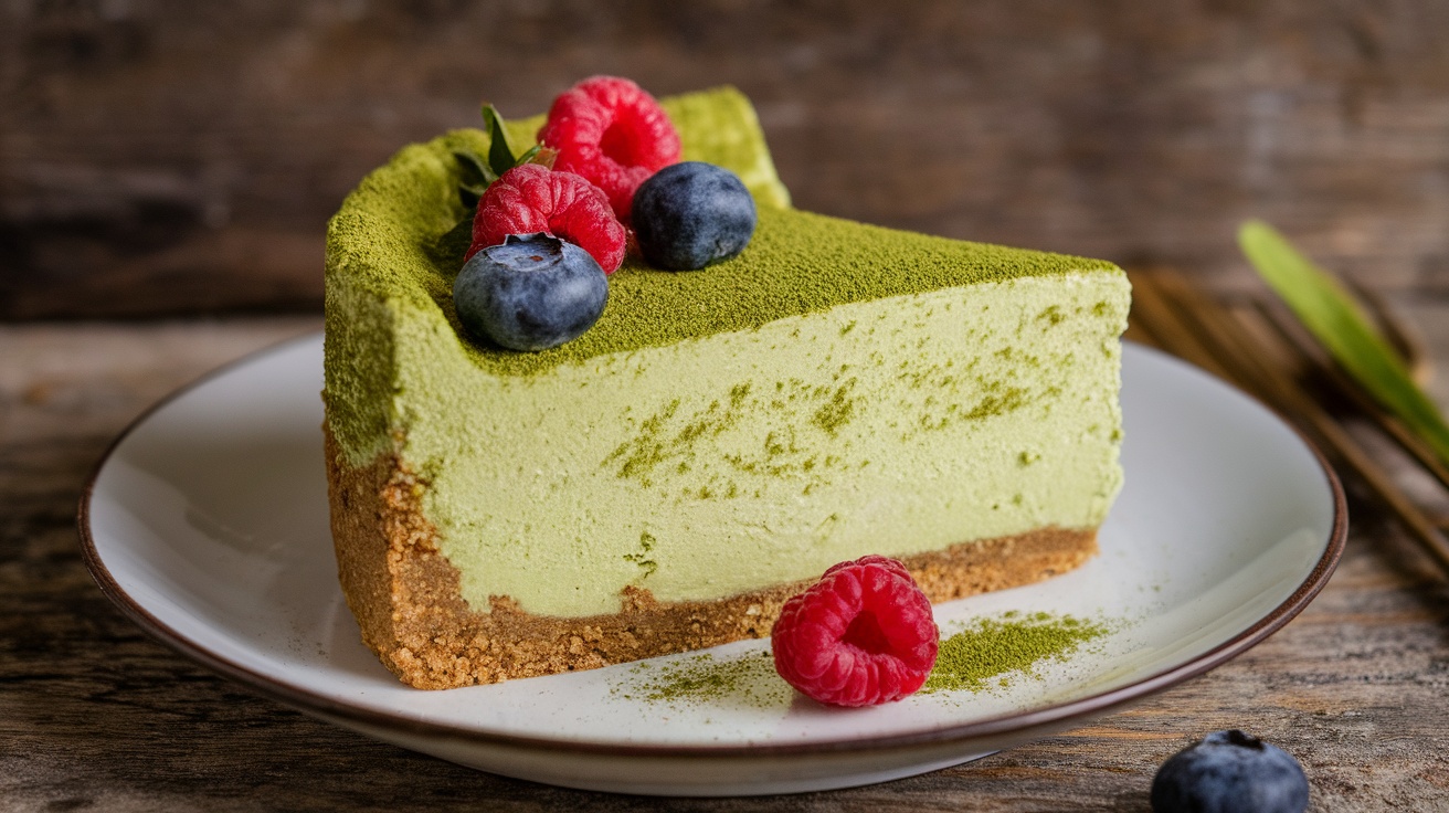 Vegan matcha cheesecake slice with crumbly crust, garnished with berries and matcha powder, on a white plate.