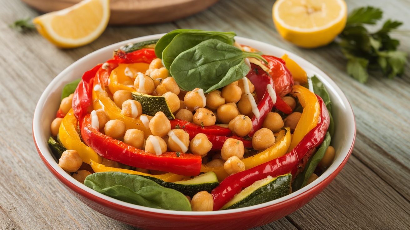 A vibrant roasted vegetable and chickpea salad with spinach, featuring colorful bell peppers and chickpeas, served in a rustic bowl.