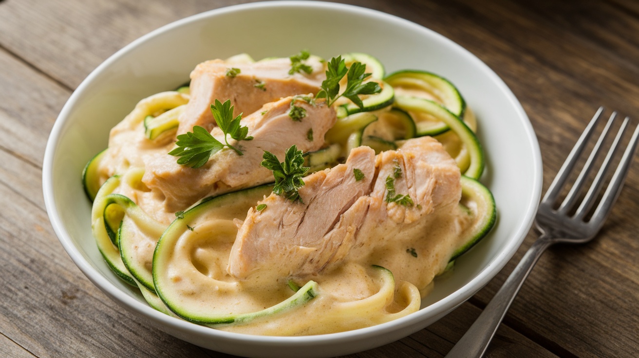 Gluten-Free Chicken Alfredo with Zucchini Noodles served in a bowl, garnished with parsley, on a rustic wooden table.