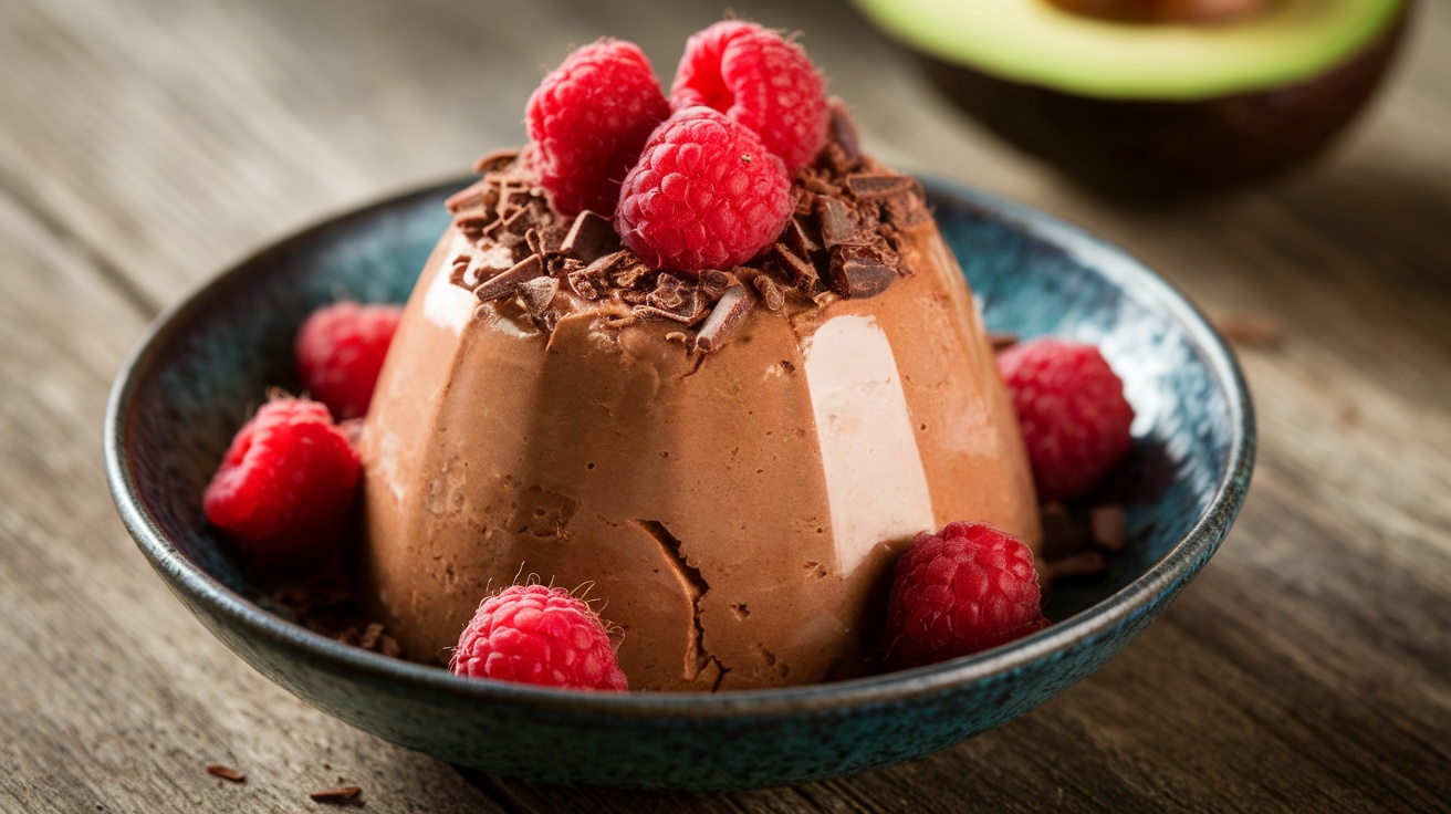 A bowl of creamy Chocolate Avocado Pudding topped with chocolate shavings and raspberries on a wooden table.