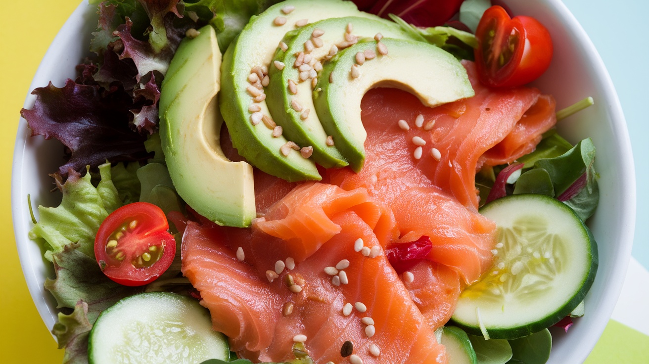 A vibrant smoked salmon and avocado bowl with greens, tomatoes, and cucumber, garnished with sesame seeds.