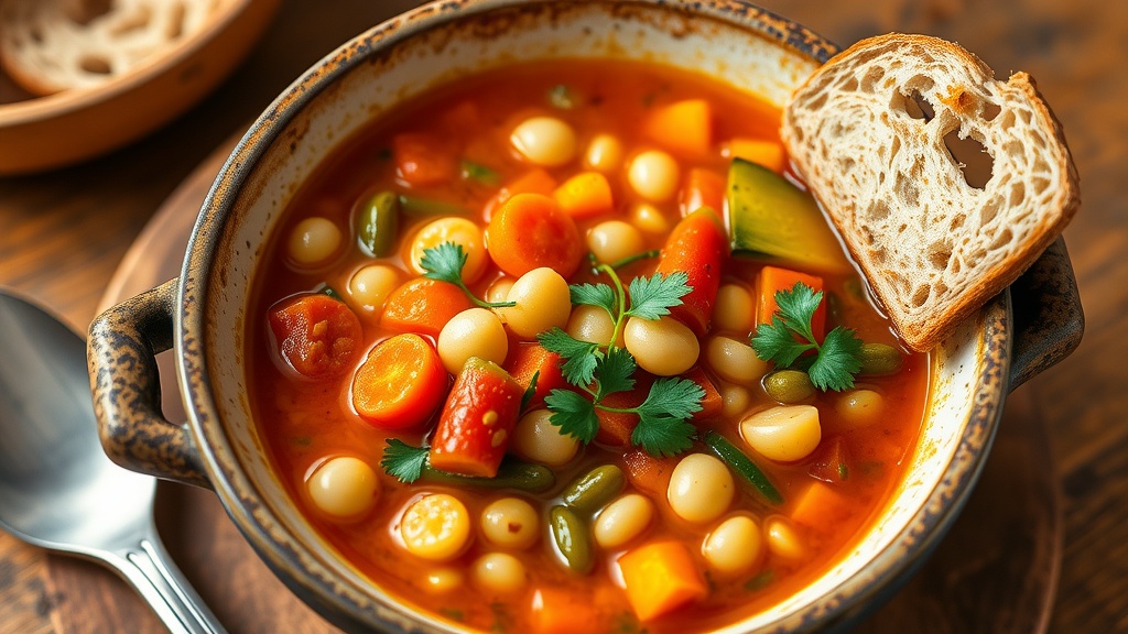 A warm bowl of Classic Minestrone Soup with assorted vegetables and pasta, garnished with parsley and crusty bread on a wooden table.