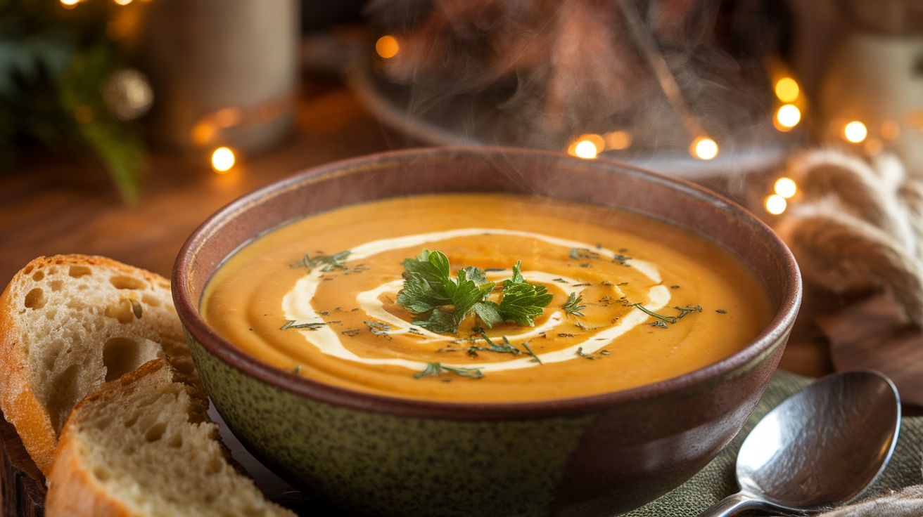 A bowl of creamy maple parsnip soup garnished with parsley, served with bread on a rustic table.