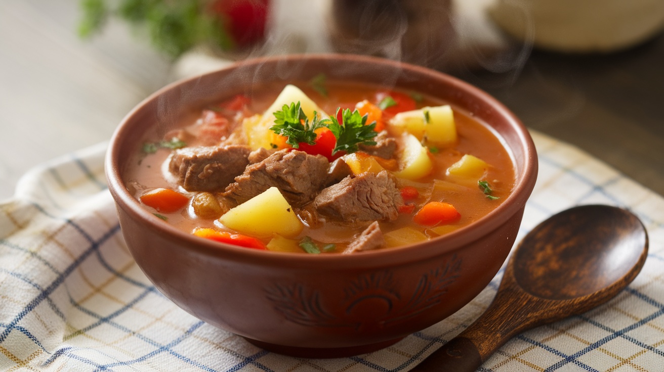 A bowl of traditional Goulash Soup with beef, potatoes, and bell peppers, garnished with parsley on a checkered tablecloth.