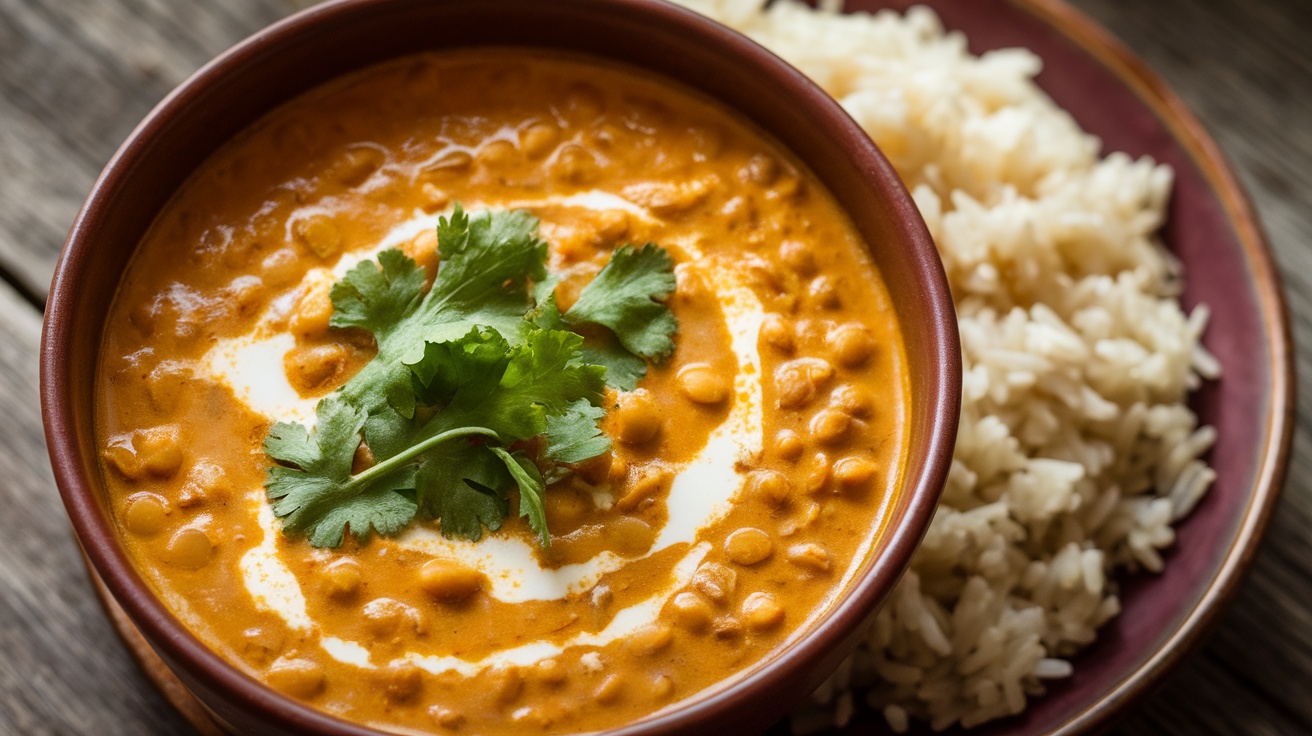 A colorful bowl of Coconut Curry Lentil Soup with Rice, garnished with cilantro, on a rustic table.