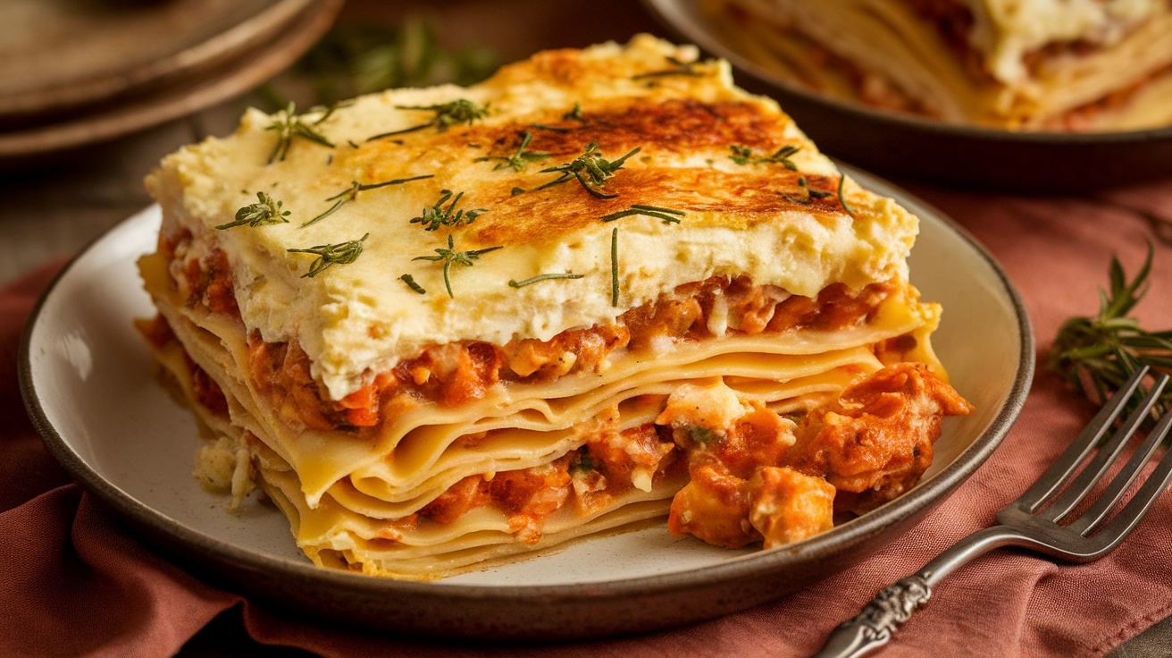 A baked layer of Vegan Pastitsio, highlighting the pasta and creamy sauce, set on a rustic table.