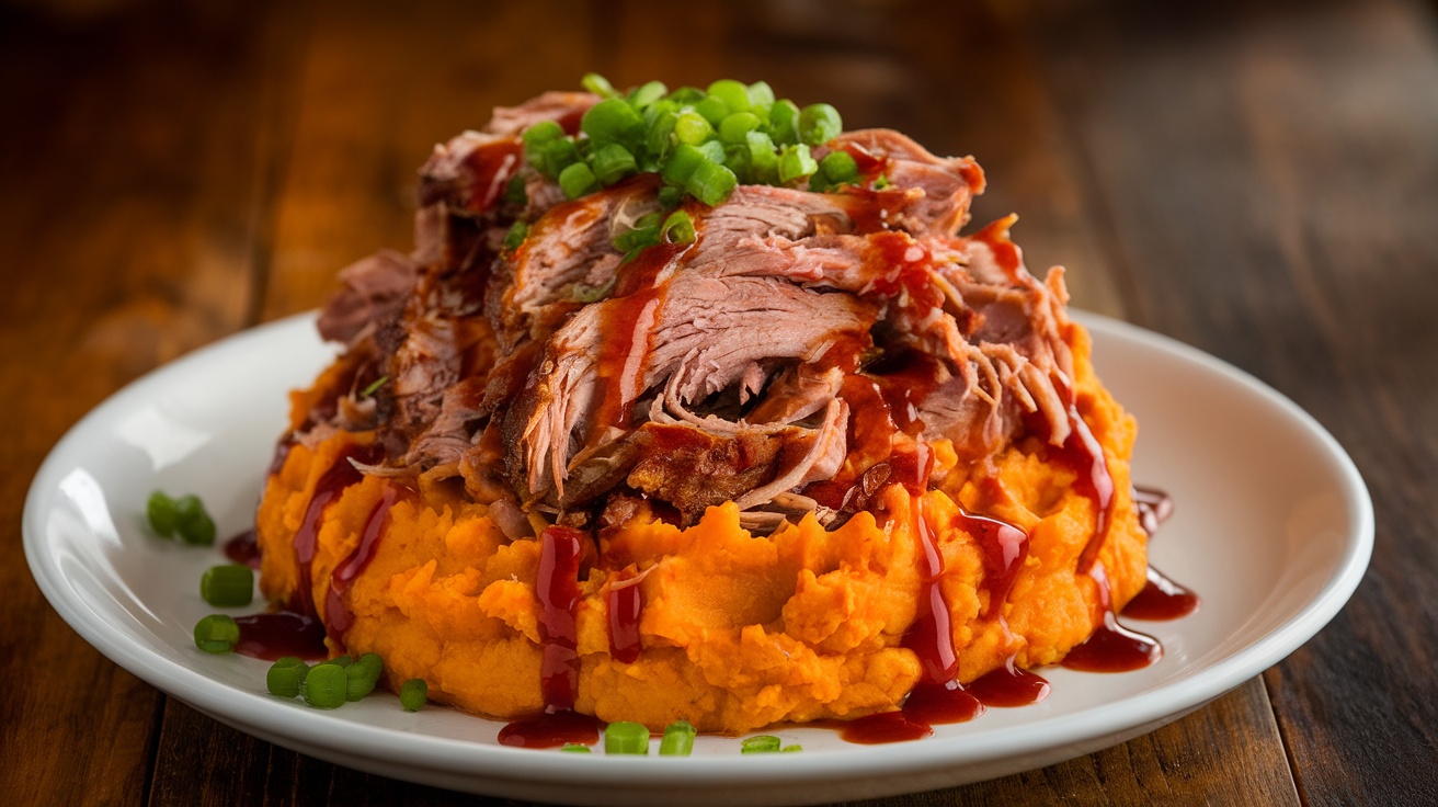 Pulled pork on mashed sweet potatoes, garnished with green onions and barbecue sauce on a rustic table.