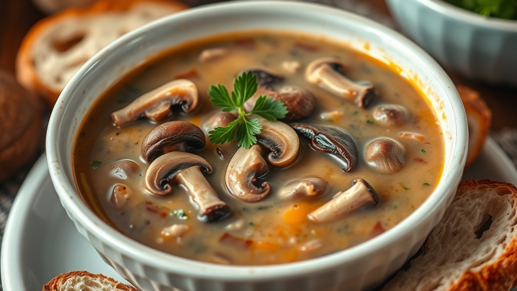 Creamy mushroom soup topped with parsley, served with bread slices in a warm kitchen.