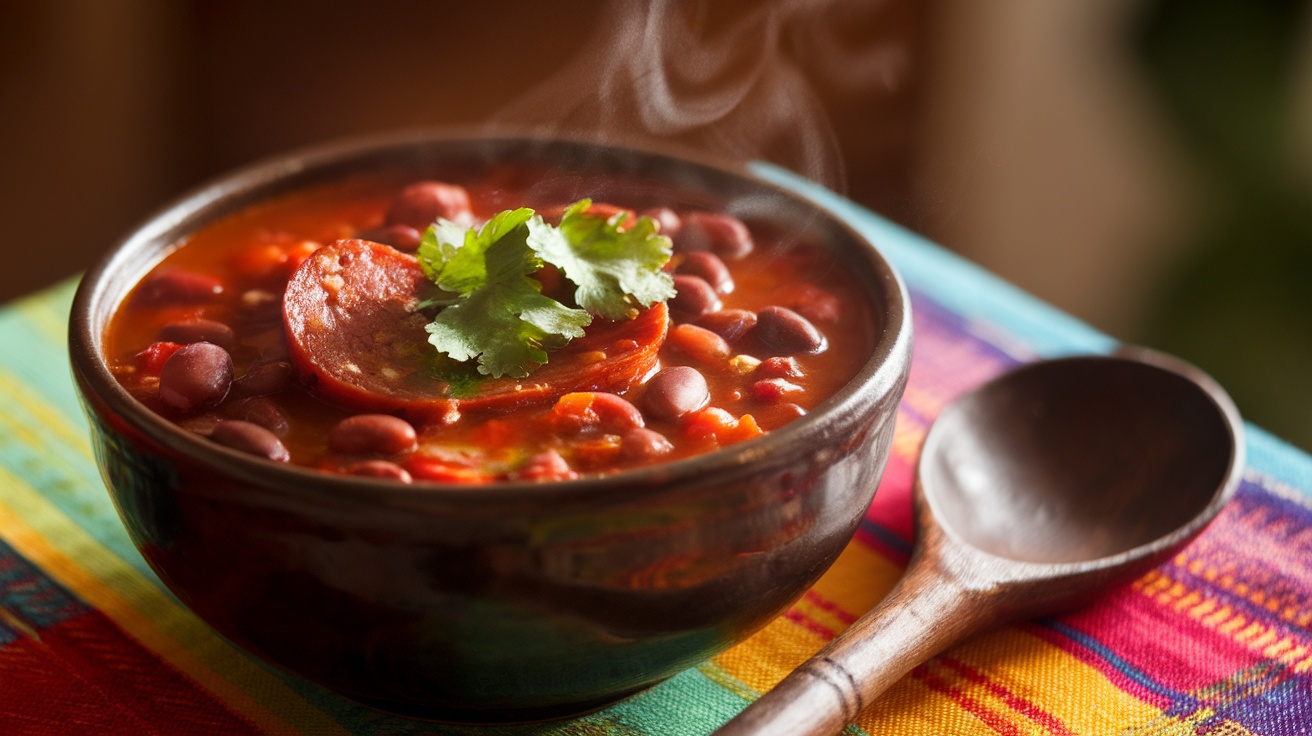 A bowl of spicy chorizo and red bean soup with chorizo slices, red beans, and cilantro garnish.