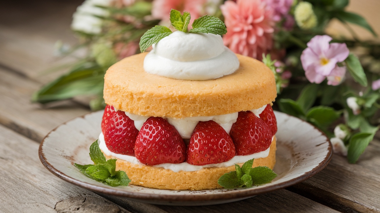 Vegan strawberry shortcake with fluffy layers of cake, strawberries, and whipped cream, garnished with mint on a rustic table.