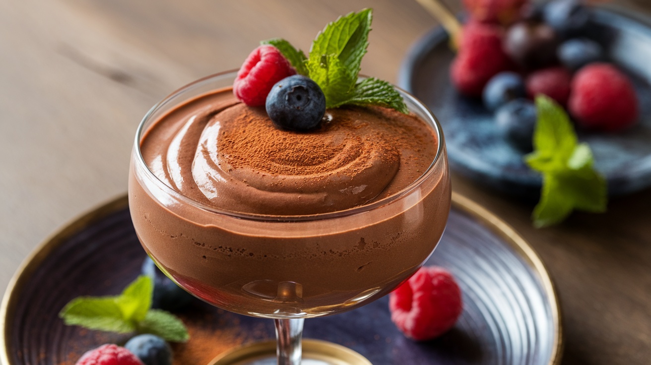 A delicious bowl of vegan chocolate mousse garnished with cocoa powder, berries, and mint on a wooden table.