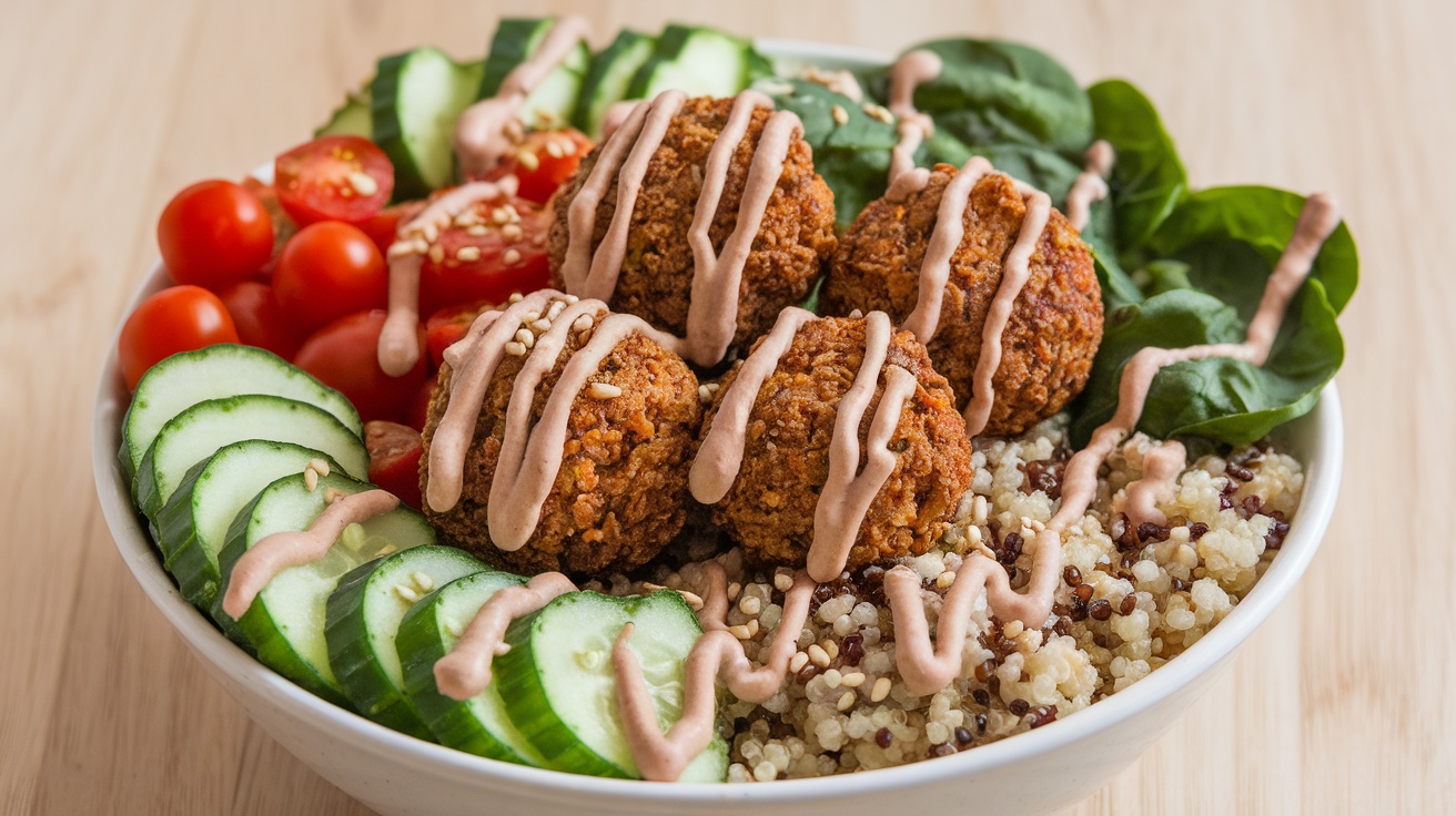 A colorful Vegan Falafel Buddha Bowl with falafel, quinoa, fresh vegetables, and tahini dressing.