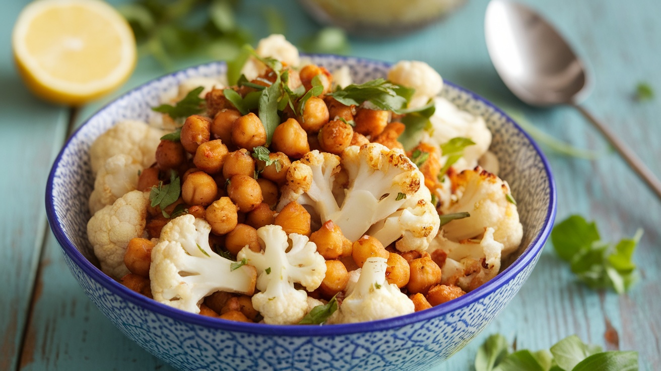 A colorful bowl of roasted cauliflower and chickpeas, garnished with herbs and lemon, on a rustic wooden table.