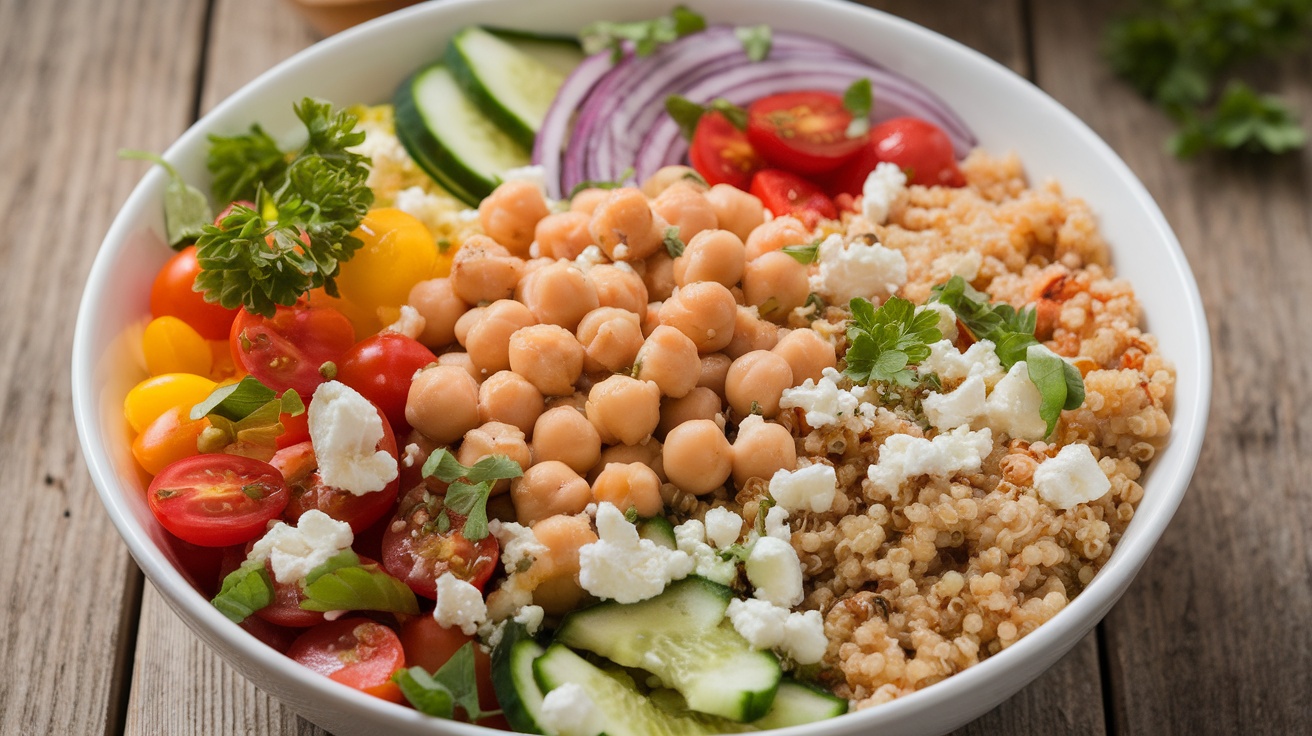 A vibrant bowl of Mediterranean Chickpea and Quinoa with vegetables, garnished with feta on a rustic table.