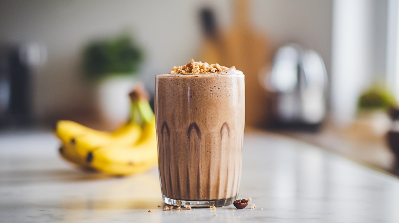 A creamy Vegan Hazelnut Mocha Smoothie garnished with crushed hazelnuts in a glass on a kitchen counter.