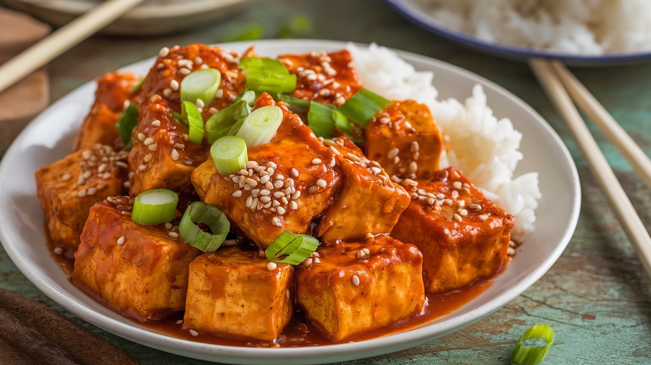 A colorful dish of Vegan General Tso’s Tofu with crispy tofu cubes in sauce, garnished with green onions and sesame seeds, served with rice.