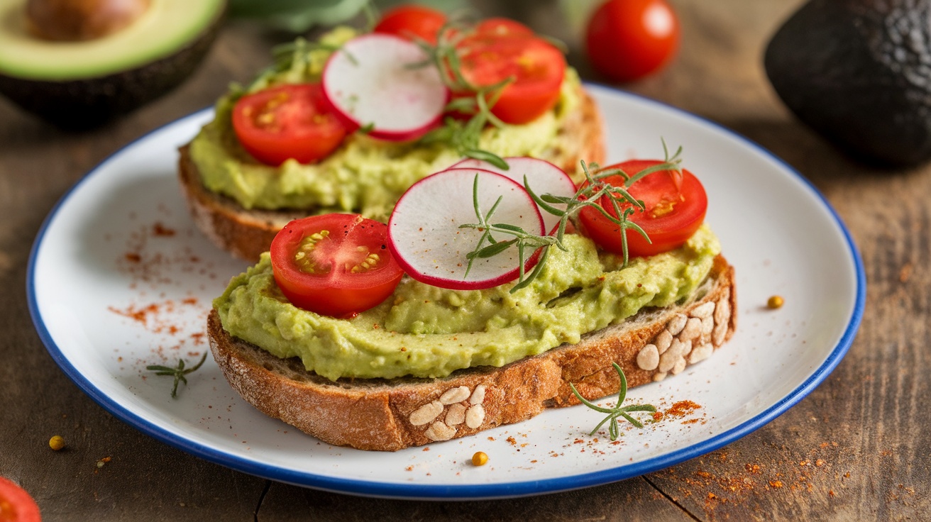 A colorful plate of vegan avocado toast topped with tomatoes and radishes on a wooden table.