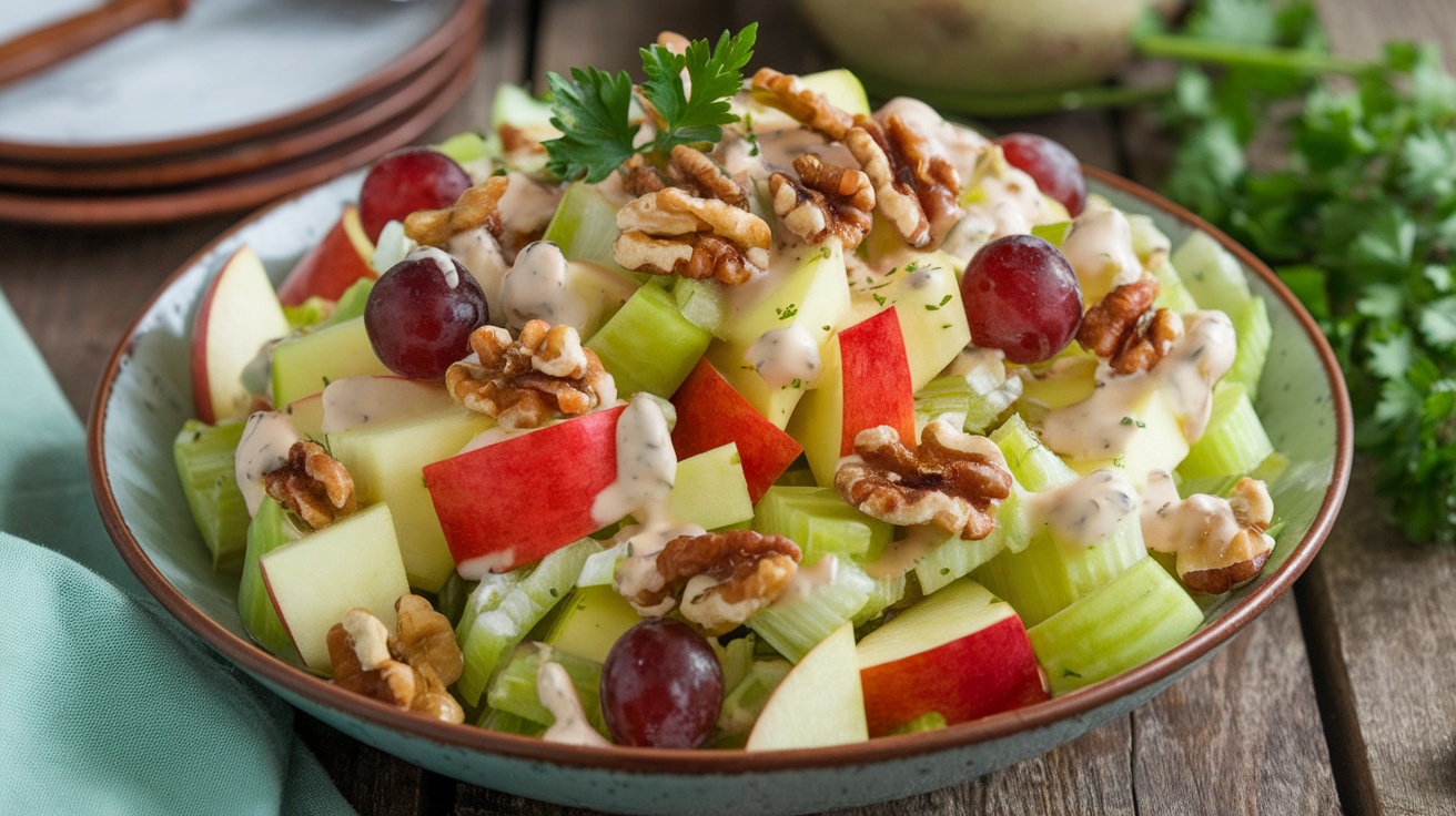 A colorful Vegan Waldorf Salad with apples, grapes, celery, and walnuts, garnished with parsley on a wooden table.