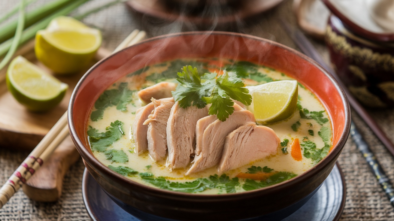 A bowl of fragrant Thai Lemongrass Chicken Soup with chicken slices, mushrooms, and fresh herbs on a rustic table.