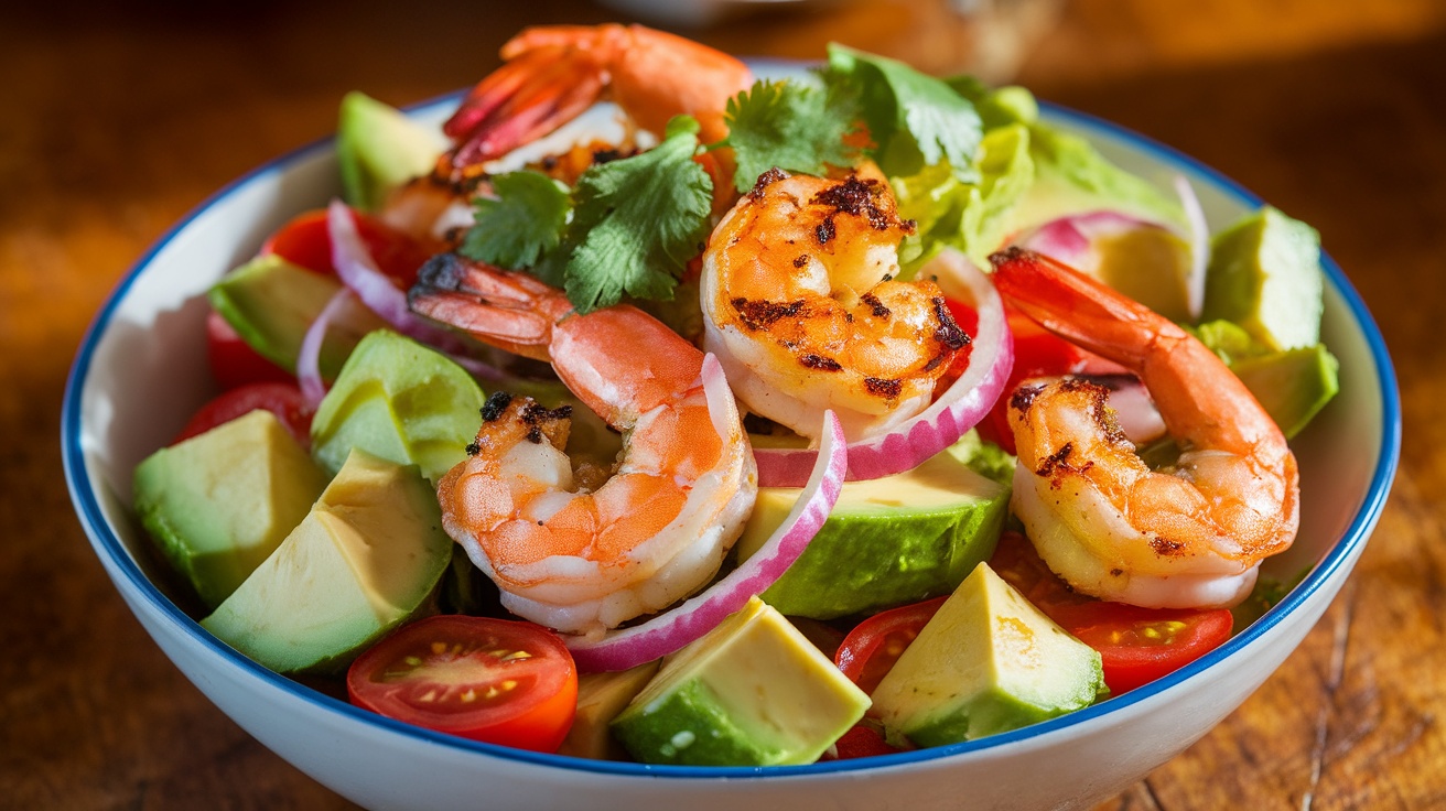 Grilled shrimp and avocado salad with vibrant ingredients on a rustic wooden table.