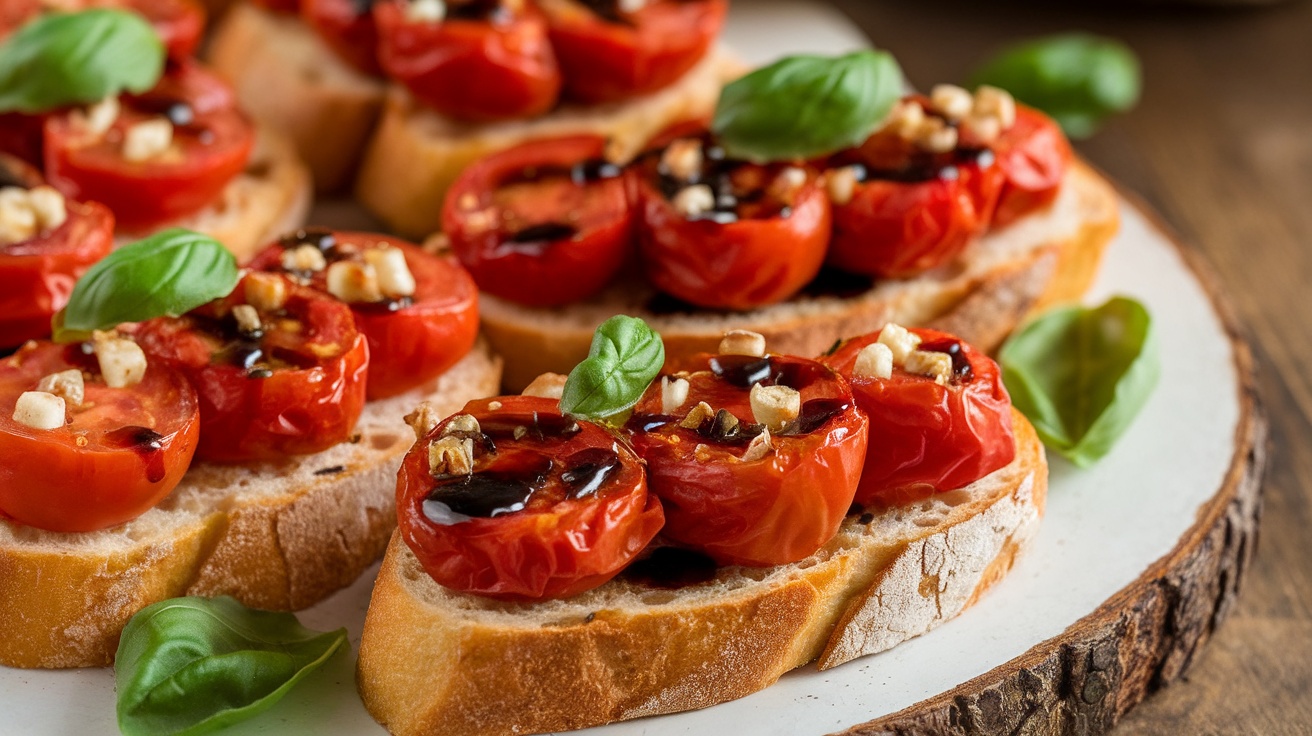 A colorful plate of bruschetta topped with roasted tomatoes and garlic, garnished with basil leaves, served on a rustic wooden table.