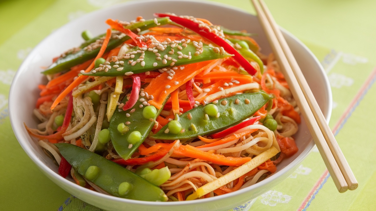 A colorful Vegan Sesame Ginger Noodle Salad with vegetables and noodles, garnished with sesame seeds, served in a bowl with chopsticks.