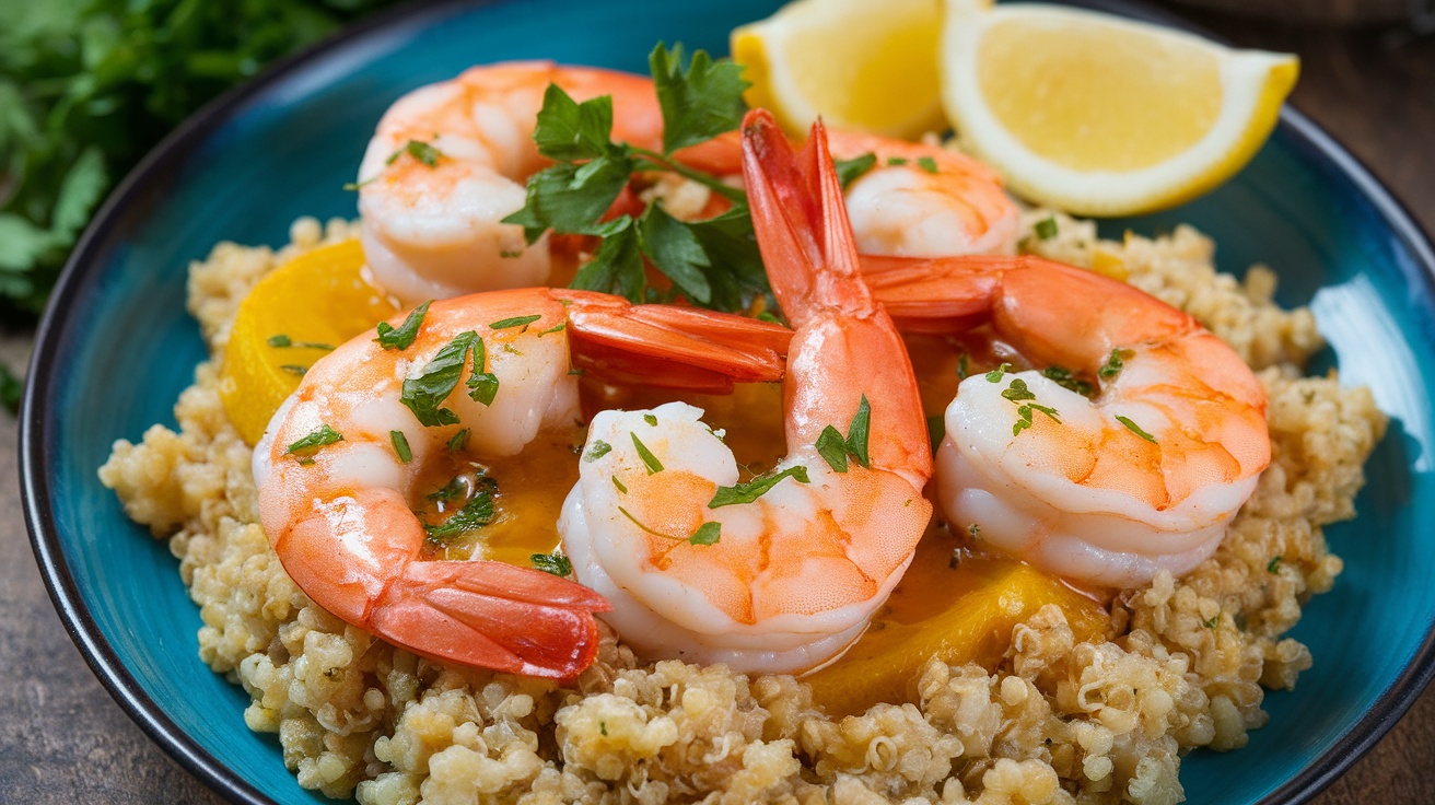 Lemon Garlic Shrimp on quinoa pilaf with parsley garnish and lemon wedges.