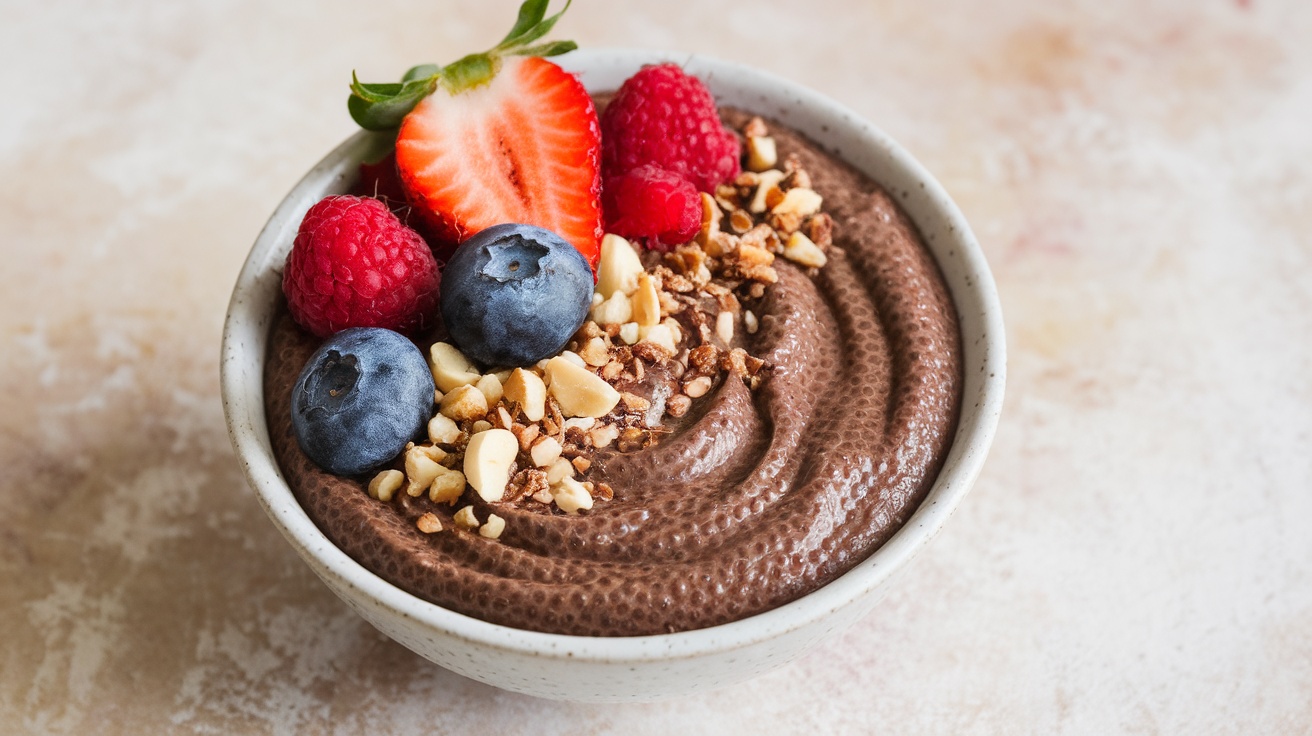 A bowl of vegan chocolate chia seed pudding topped with berries and nuts.