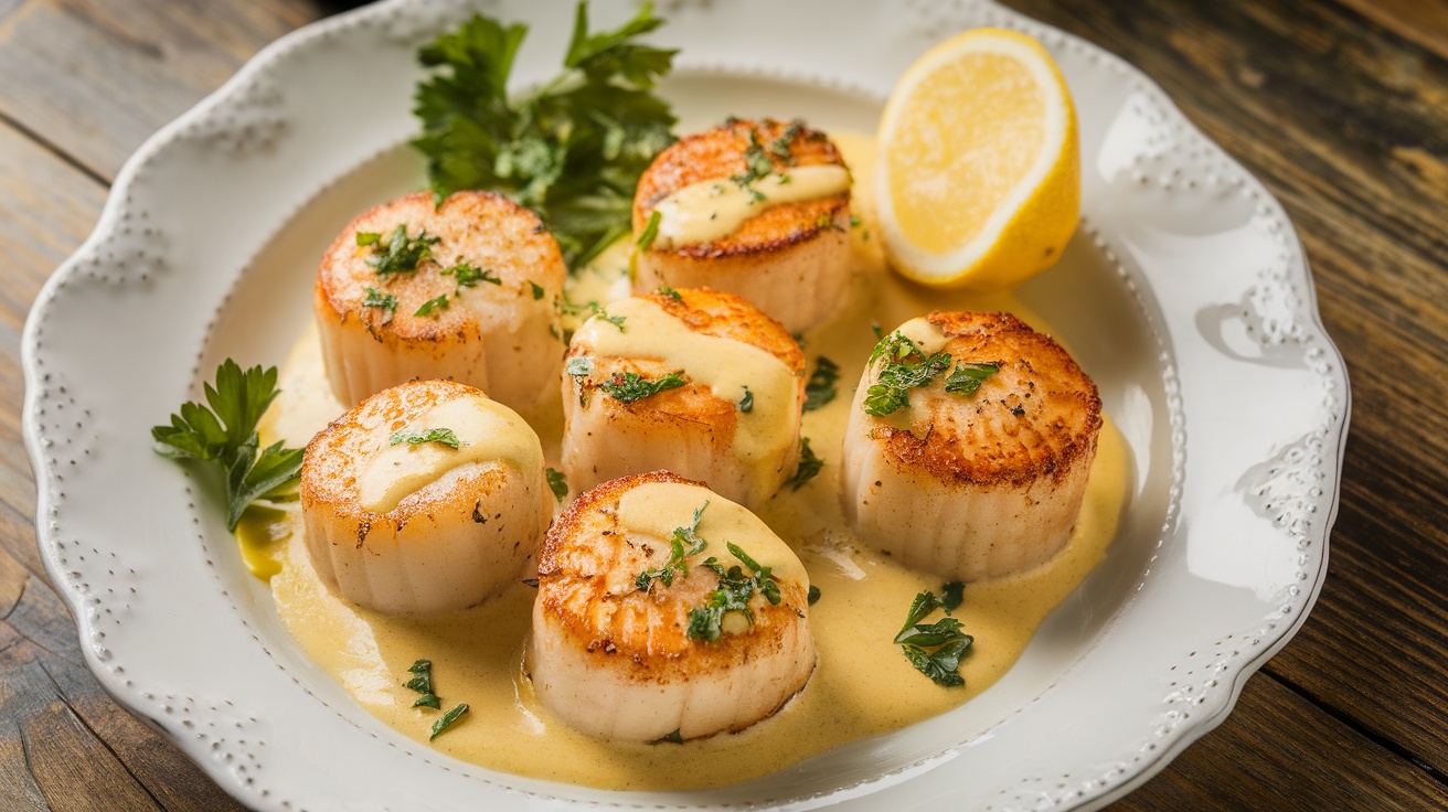 Golden pan-seared scallops with lemon butter sauce garnished with parsley and lemon slice on a white plate.