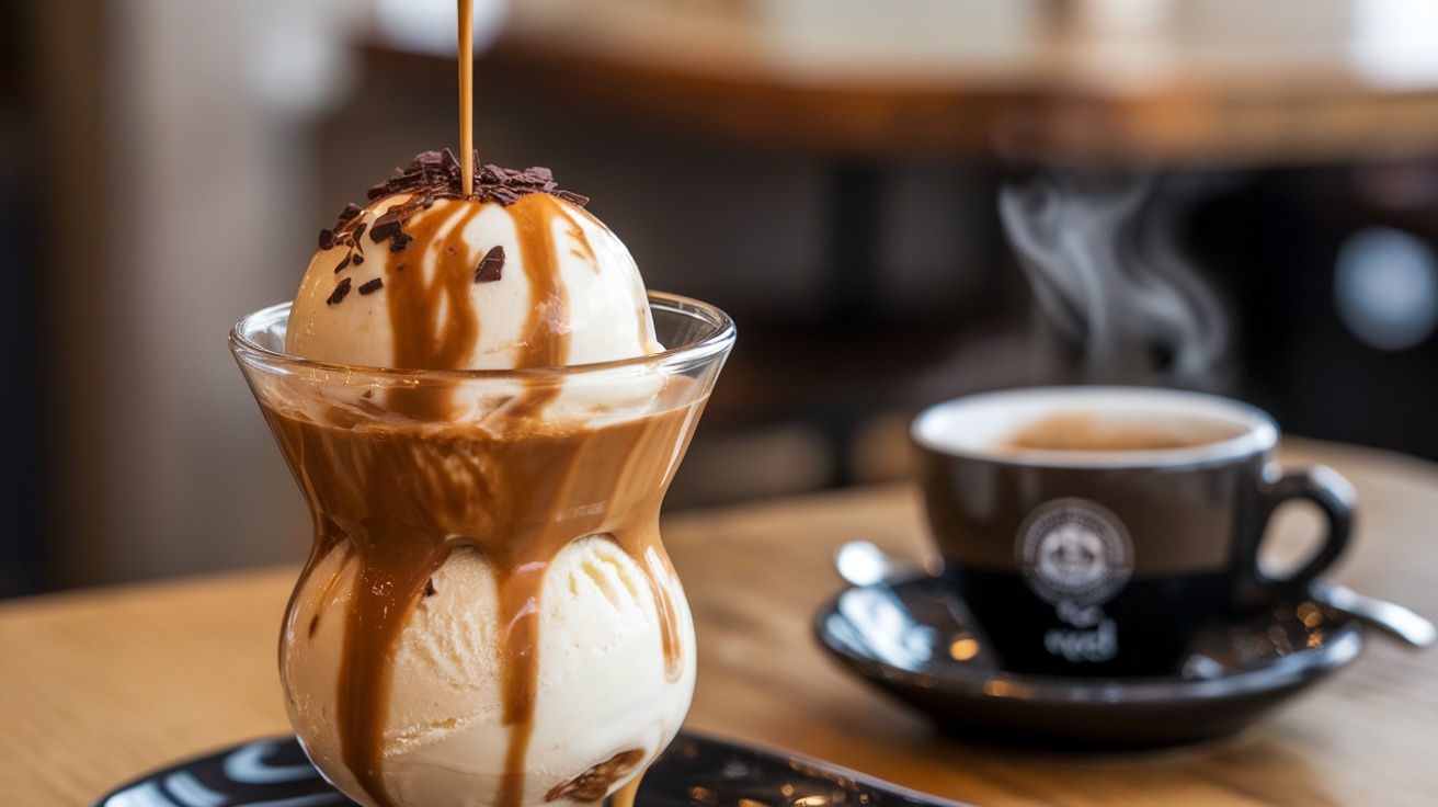 Vegan affogato with ice cream and espresso in a glass, garnished with chocolate shavings.