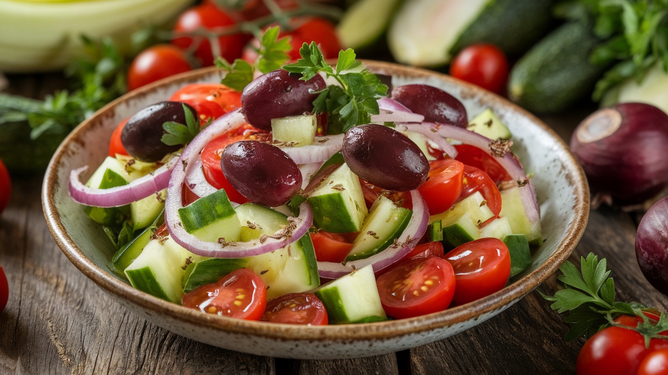 A colorful Vegan Greek Salad with cucumbers, tomatoes, onions, and olives in a rustic bowl, garnished with parsley.