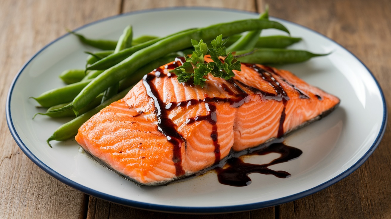 Plated balsamic glazed salmon with green beans, garnished with parsley on a rustic wooden table.